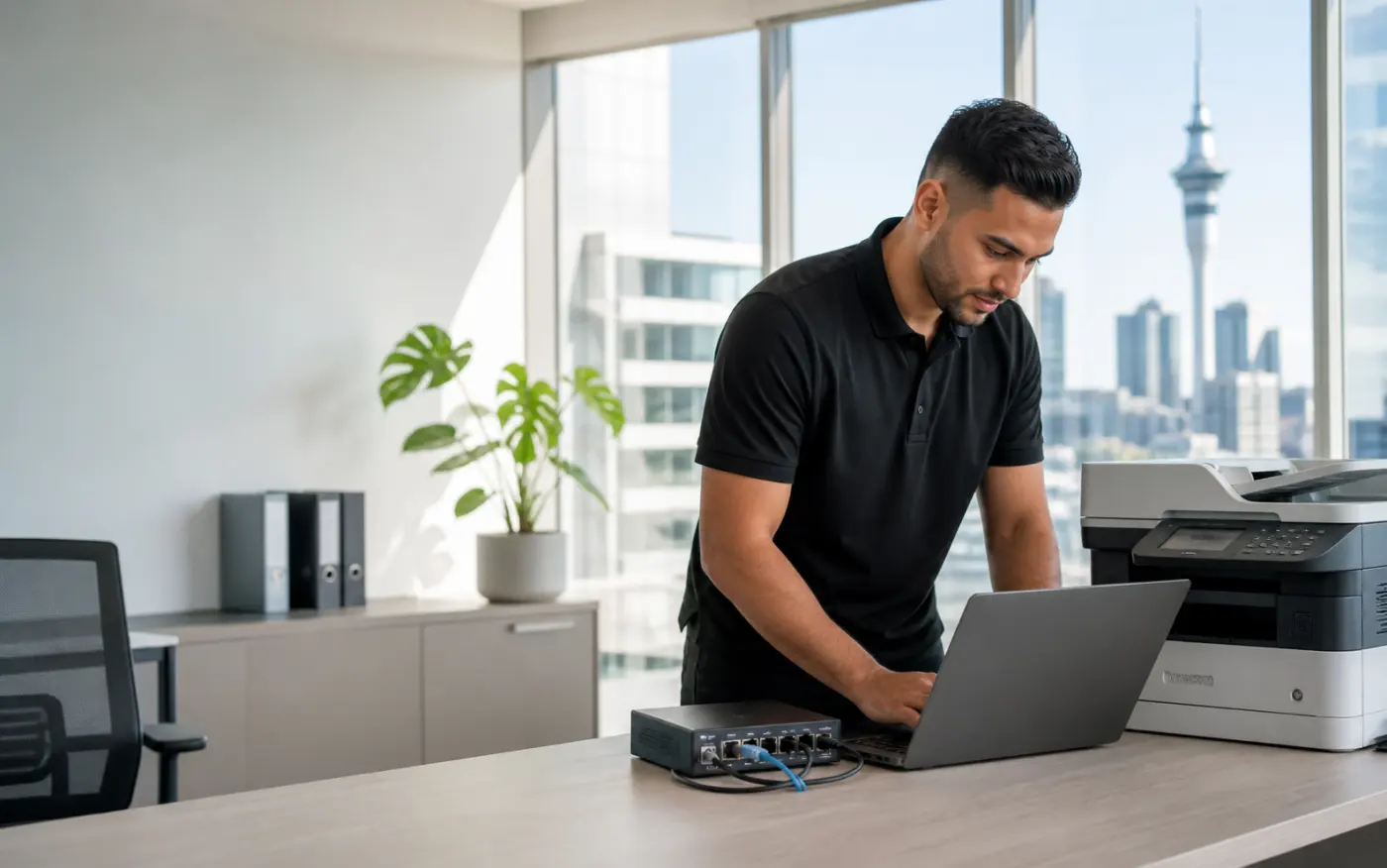 Citywide Tech technician setting up a business laptop, network device and office printer in Auckland