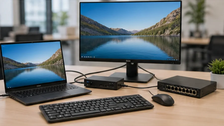 Business laptop, dock, monitor and network device being set up on an office desk