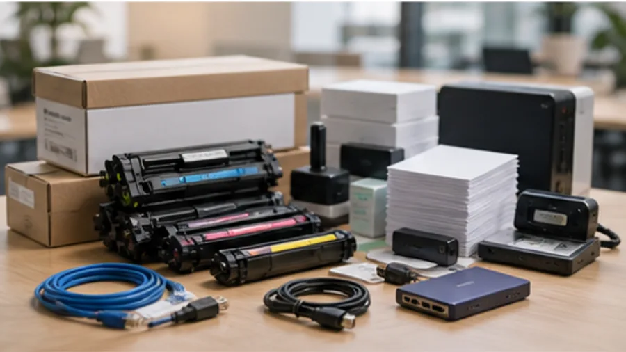 Printer supplies, business hardware, cables and adapters on an office desk