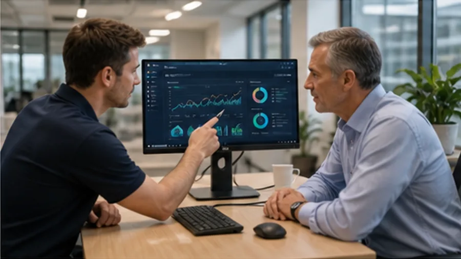 Technician reviewing a managed IT dashboard with a business owner
