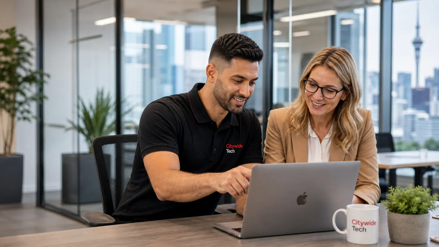 Citywide Tech technician reviewing managed IT support with an Auckland business customer