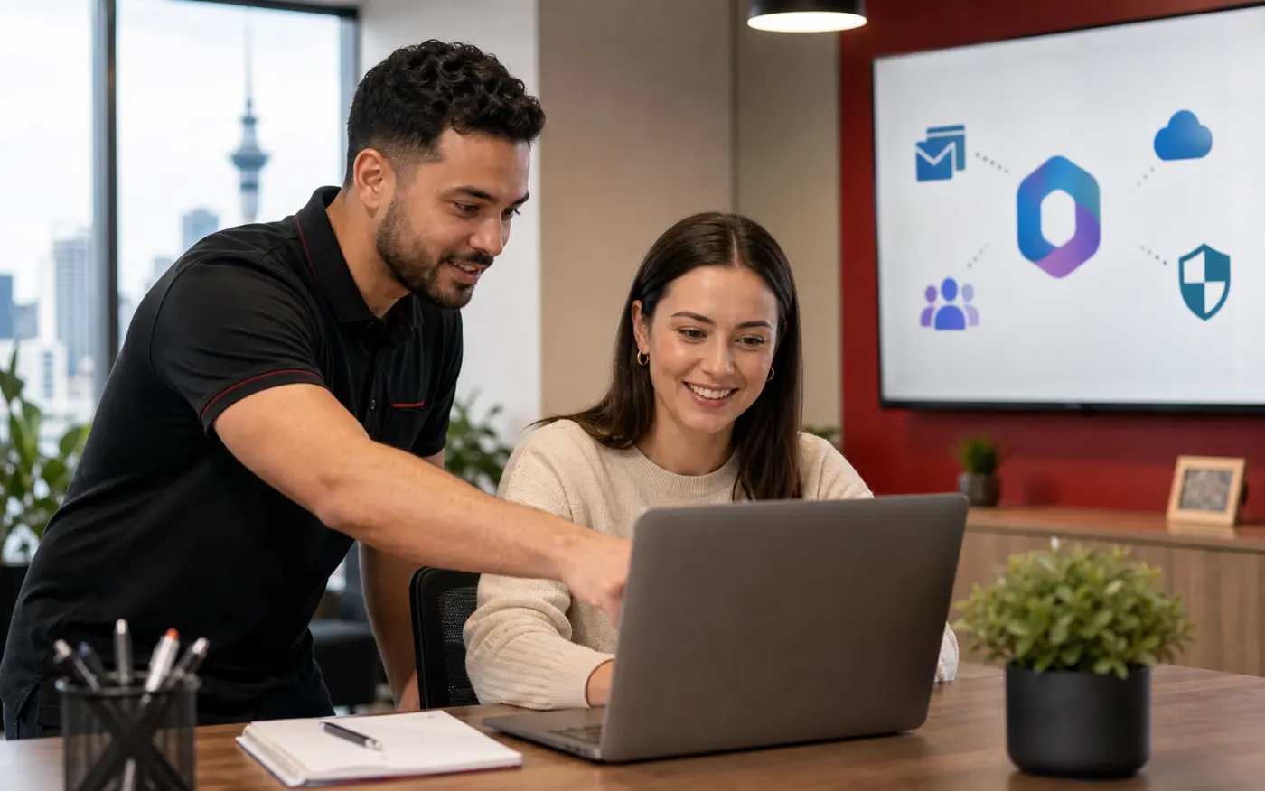 Citywide Tech technician helping an Auckland business customer with Microsoft 365 support