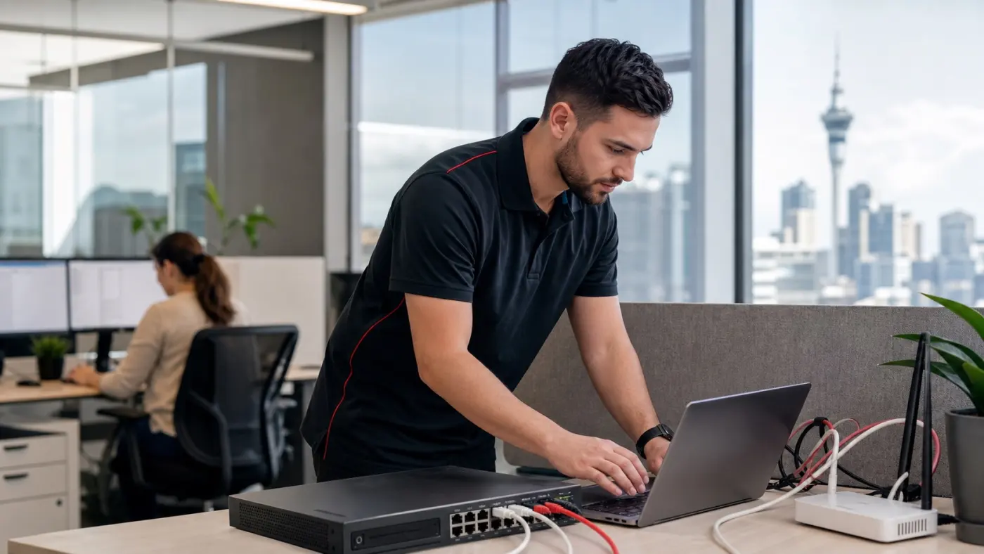 Citywide Tech IT technician helping an Auckland business user with laptop and office network support