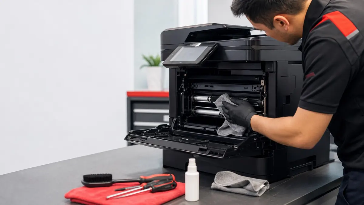 Technician cleaning printer rollers during a business printer clean